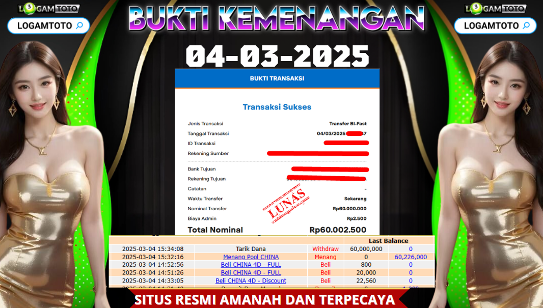 SELAMAT KEPADA MEMBER SETIA LOGAMTOTO BERHASIL JACKPOT DI PERMAINAN TOGEL CHINA POOLS